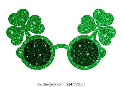 Green shamrock-embellished glasses with glitter effect for St. Patrick's Day, the symbol of the Irish holiday. Shiny leprechaun glasses. Vector illustration, isolated on white background