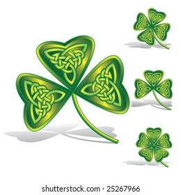 Green shamrocks with celtic knots by a decorative pattern.Clip arts for Your design to the day of St. Patrick