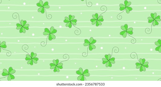 Green shamrocks and clover leaves with black edging on a pale green striped background with dots. St. Patrick's Day endless texture. Vector seamless pattern for festive wrapping paper, cover and print