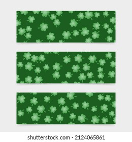 Green shamrocks vector background. Set of 3 banners for St. Patricks Day. Perfect template for website, social media, etc.