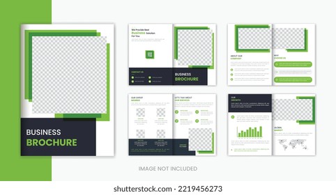 Green shape corporate 8 pages brochure design template, business brochure vector