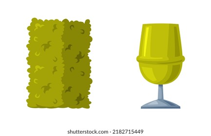 Green Shaped Bush with Lush Foliage and Urn or Trash Bin as Park Zone Element Vector Illustration Set