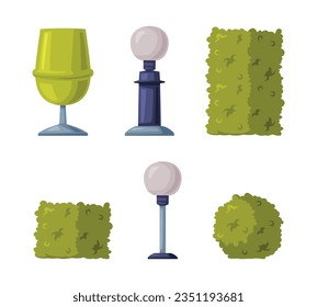 Green Shaped Bush with Lush Foliage and Urn or Trash Bin as Park Zone Element Vector Illustration Set