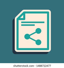 Green Share file icon isolated on blue background. File sharing. File transfer sign. Long shadow style. Vector Illustration