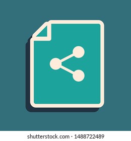 Green Share file icon isolated on blue background. File sharing. File transfer sign. Long shadow style. Vector Illustration