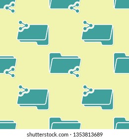 Green Share folder icon isolated seamless pattern on yellow background. Folder sharing. Folder transfer sign. Flat design. Vector Illustration