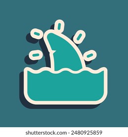 Green Shark fin in ocean wave icon isolated on green background. Long shadow style. Vector