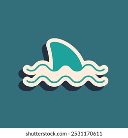 Green Shark fin in ocean wave icon isolated on green background. Long shadow style. Vector