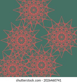 Green Sharp Dark Mandala Mystery Light Christmas Design Pic. Colorful Folk Lace Winter Ornamental Monochrome Santa Background. Red Luxury Chaotic Satanic Complicated Stars Bright Print Ornament.