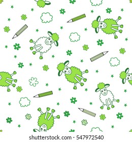 Green sheep color pencil, pattern stars on a white background. Vector seamless pattern lace print on fabric baby bedding and diaper.