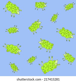 green sheep on a blue background.