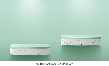 Estante verde para presentación de productos con luz natural sobre fondo verde. Estanterías para mostrar productos adecuados para publicidad