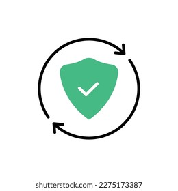 grüner Schild mit Pfeil wie starkes Konfidenzsymbol. flacher Trend moderne einfache Garantie Logotype Grafik Design Web-Element einzeln auf Weiß. Konzept eines guten Cyberschutzes oder eines sicheren Badge