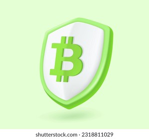 Green shield with Bitcoin cryptocurrency sign Blockchain security system business and future finance concept. 3d vector file.