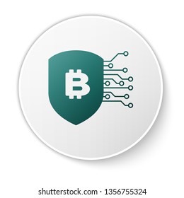 Green Shield with bitcoin icon isolated on white background. Cryptocurrency mining, blockchain technology, bitcoin, security, protect, digital money. White circle button. Vector Illustration