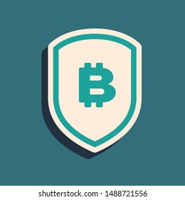 Green Shield with bitcoin icon isolated on blue background. Cryptocurrency mining, blockchain technology, security, protect, digital money. Long shadow style. Vector Illustration