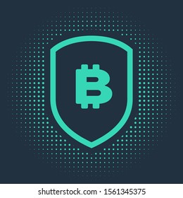 Green Shield with bitcoin icon isolated on blue background. Cryptocurrency mining, blockchain technology, security, protect, digital money. Abstract circle random dots. Vector Illustration