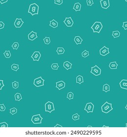 Green Shield with bitcoin icon isolated seamless pattern on green background. Cryptocurrency mining, blockchain technology, security, protect, digital money.  Vector