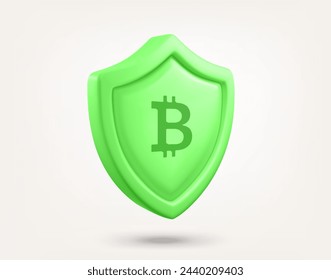 Green shield with bitcoin sign isolated on white background. 3d vector illustration