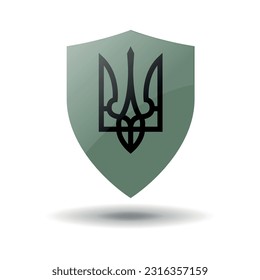 Green shield with black coat of arms of Ukraine. Vector on white background