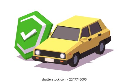 Green Shield With Check Mark Beside Yellow Automobile. Car Insurance Concept. Low Poly Dimetric Illustration