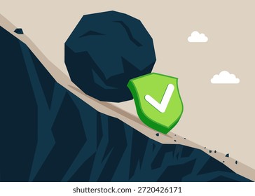 El escudo verde con marca de verificación sostiene una enorme piedra en la colina. Problema empresarial, dificultad y concepto de carga. Ilustración vectorial plana.