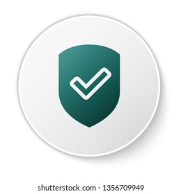 Green Shield with check mark icon isolated on white background. Protection symbol. Security check Icon. Tick mark approved icon. Green circle button. Vector Illustration