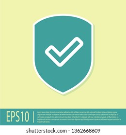 Green Shield with check mark icon isolated on yellow background. Protection symbol. Security check Icon. Tick mark approved icon. Flat design. Vector Illustration