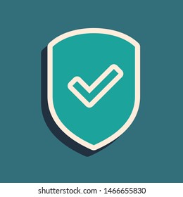Green Shield with check mark icon isolated on blue background. Protection symbol. Security check Icon. Tick mark approved icon. Long shadow style. Vector Illustration