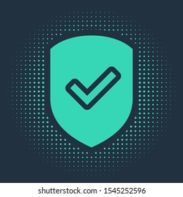 Green Shield with check mark icon isolated on blue background. Protection symbol. Security check Icon. Tick mark approved icon. Abstract circle random dots. Vector Illustration