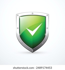 Green shield check mark icon. Vector illustration