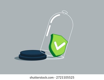 A marca de verificação do escudo verde dentro do vidro tenta empurrar tão forte para quebrar o limite. Restrições comerciais ou estagnação, proibição ou dificuldade impedem a melhoria ou o sucesso.