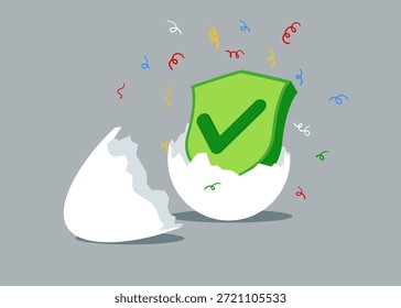Marca de verificación de escudo verde recién eclosionado del huevo agrietado. Bueno en los negocios o en la puesta en marcha. Termínalo en un trabajo de zona cómoda. Ilustración vectorial plana