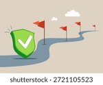 Green shield check mark on road. Obstacles in business turns towards the point of success. Flat vector illustration