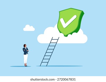 Grünes Schild mit Häkchen auf Wolke. Aufgabe, Ausführung oder Projekt abschließen Flache Vektorgrafik