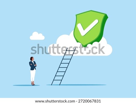 Green shield with check mark on cloud. Complete task, accomplishment or project. Flat vector illustration
