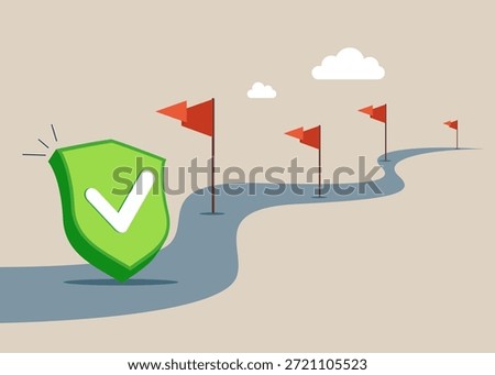 Green shield check mark on road. Obstacles in business turns towards the point of success. Flat vector illustration