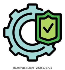 Green shield with a check mark is overlapping a gear, representing system security and protection