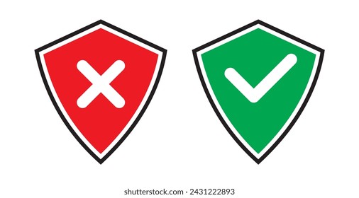Green shield with check mark and red shield with cross mark icons. Symbols on the rejection or confirmation of action
