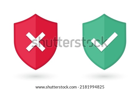 Green shield with check mark and red shield with cross mark icons. Symbols on the rejection or confirmation of action