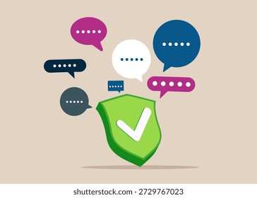 Marca de verificación de escudo verde con burbujas de discurso. Discusión, conversación, reunión, comunicación en equipo, conversación con colegas, opinión. Ilustración vectorial plana.