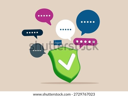 Green shield check mark with speech bubbles. Discussion, conversation, meeting, team communication, colleague chatting, opinion. Flat vector illustration.