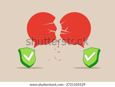 Green shield check marks symbol of misunderstanding, negotiation problems, miscommunication, argument. Flat vector illustration
