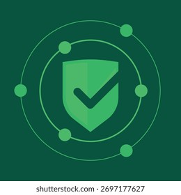Escudo verde con marca de verificación y anillos de red para seguridad cibernética e integridad del sistema UI