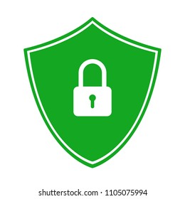 Green shield with closed padlock. Secure connection symbol. Vector icon.