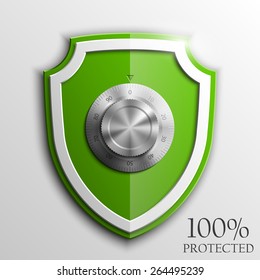 Green Shield Combination Lock isolated on background. Defense sign Protection concept. Safety badge icon. Privacy banner. Security label. Defense tag. Presentation sticker shape. Vector illustration