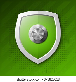 Green Shield Combination Lock isolated on background. Defense sign Protection concept. Safety badge icon. Privacy banner. Security label. Defense tag. Presentation sticker shape. Vector illustration