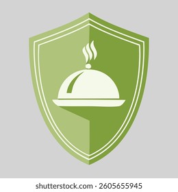 Green shield with covered dish, steam rising. Simple food icon
