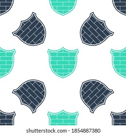 Green Shield with cyber security brick wall icon isolated seamless pattern on white background. Data protection symbol. Firewall logo. Network protection. Vector.