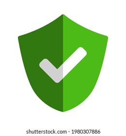 Green Shield Defense Icon mit Markierungszeichen Sign und Schatten. Vektorbild.